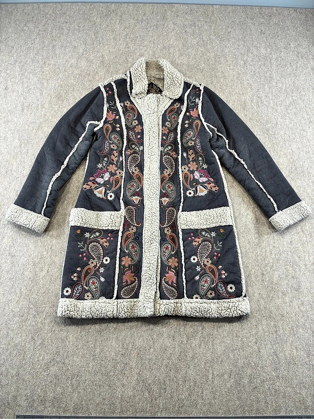 Johnny Was Biya Women's Sherpa Lined Embroidered Paisley Coat Gray Size S